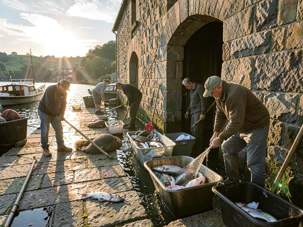 Fishermen unloading catch at stone quay under vertical sun