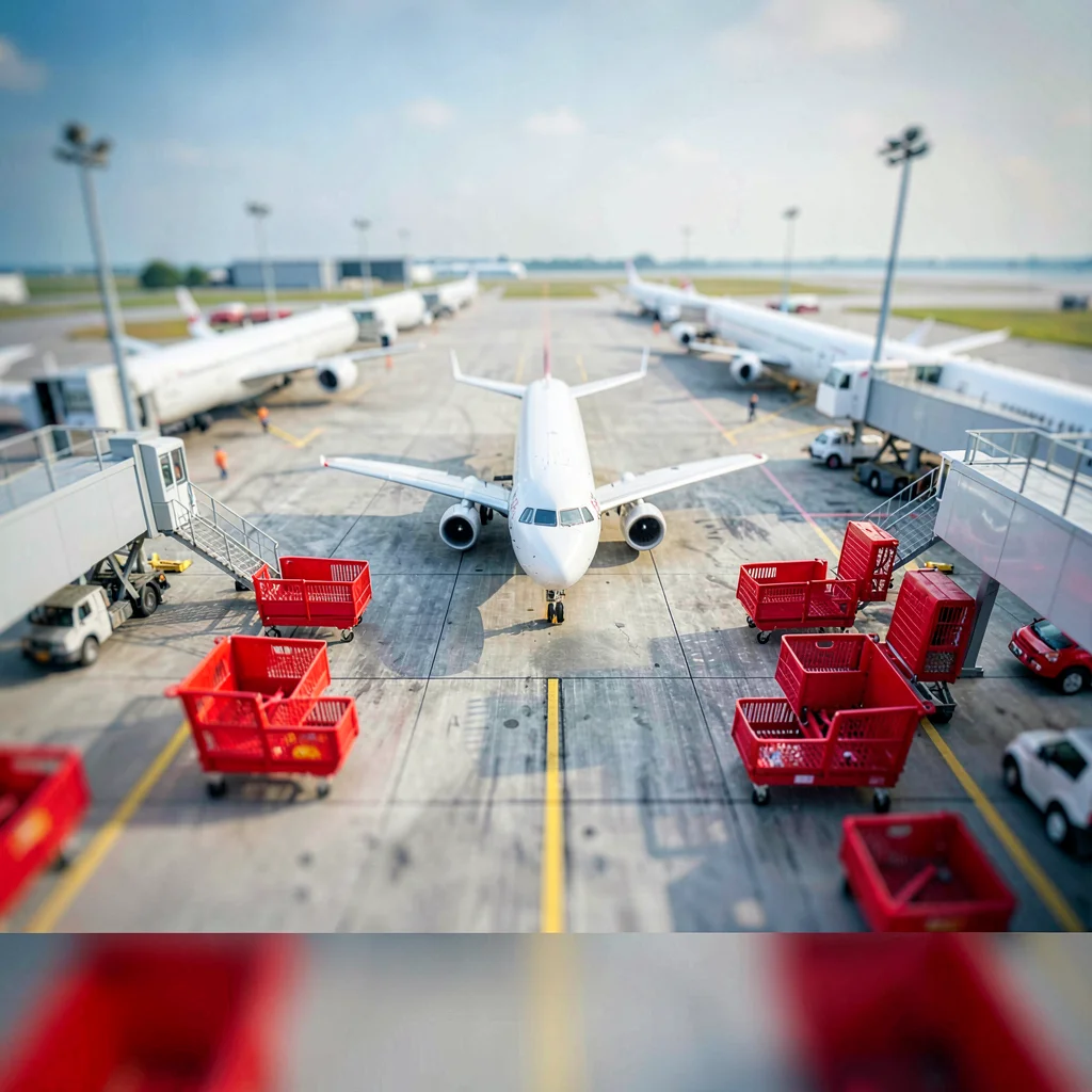 Elevated tilt-shift photograph from a maintenance gantry of an airport apron, sa