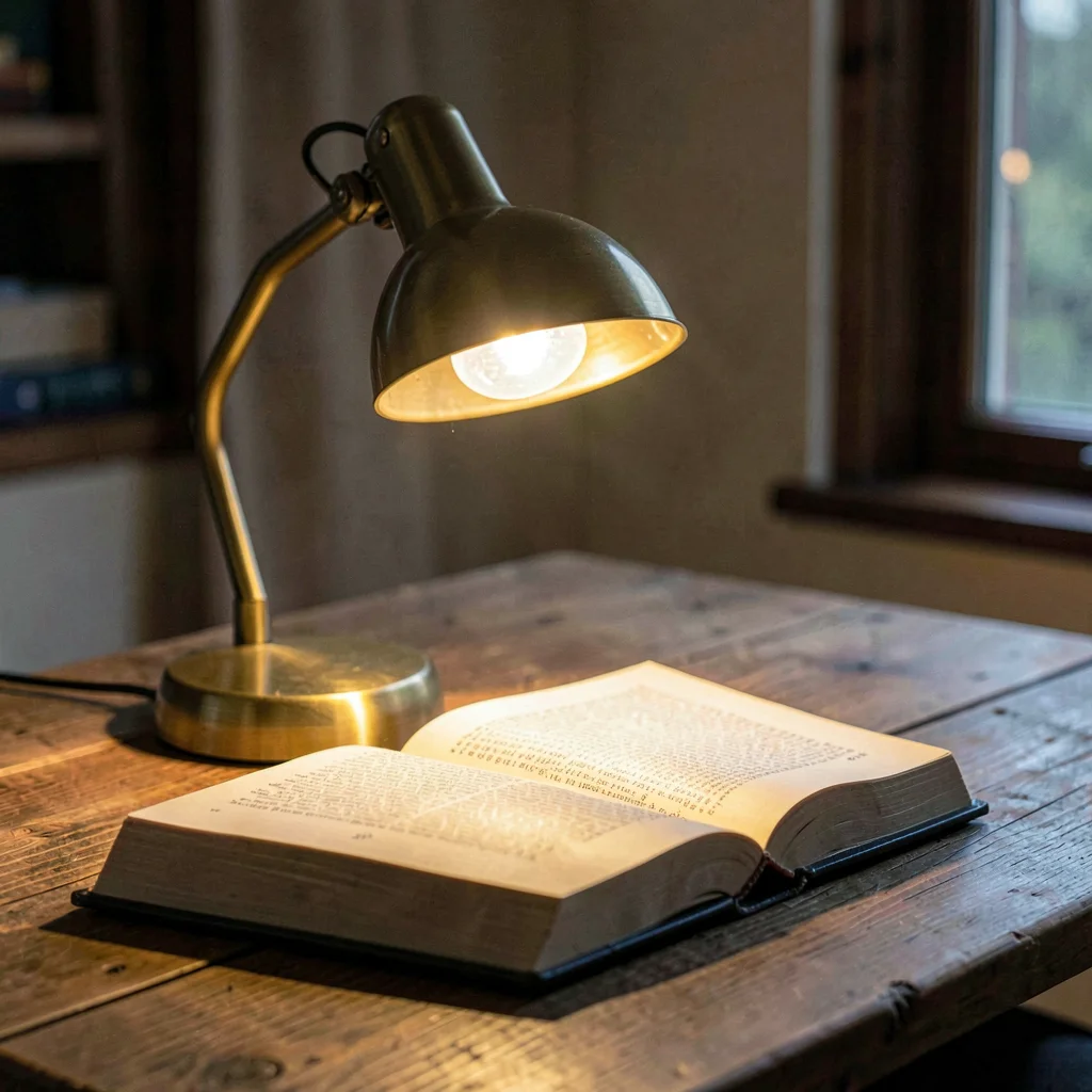 A small cabin reading lamp on a wood table at lamp-light evening, brass shade gl