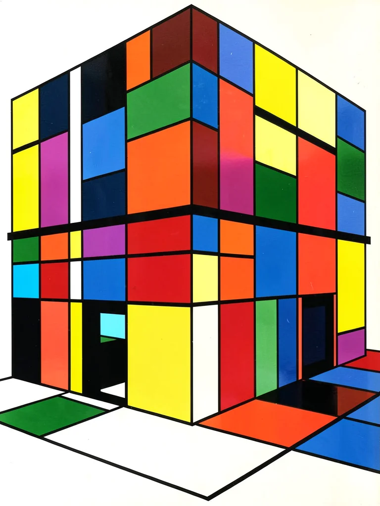 Urban street corner reduced to building blocks of primary color and black lines