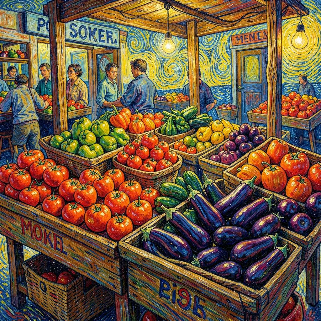 Post-impressionist Provençal intensity, emotional saturated color, A market stal