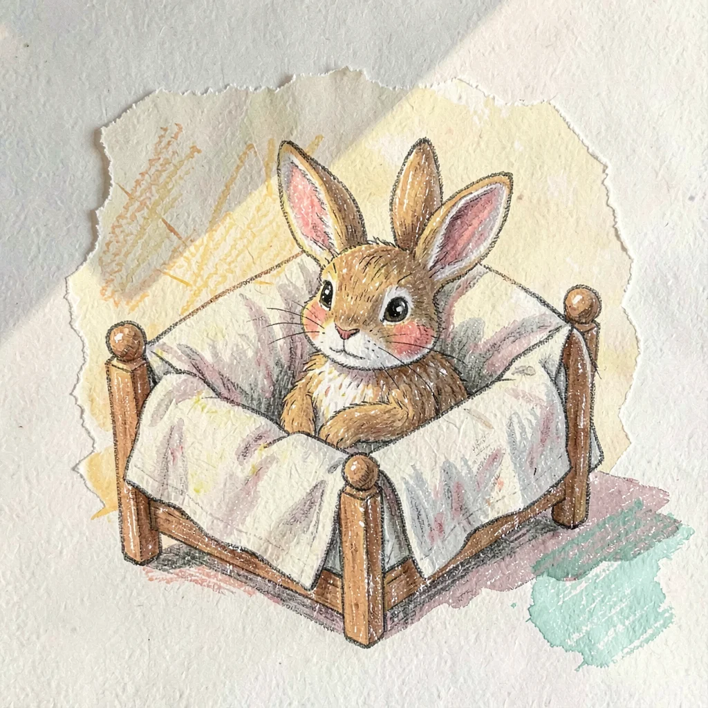 Hand-knit hare tucked into a small bed of muslin, sunlight pooling on linen