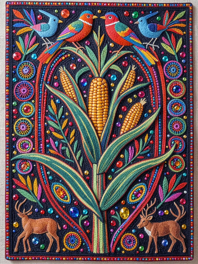 Sacred corn plant — stalk, ears, and leaves filling vertical frame, birds perche