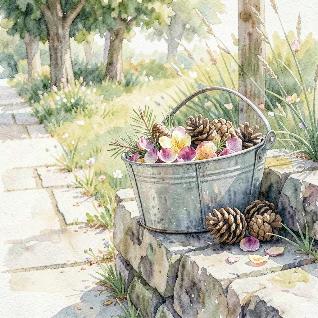 Watercolor of a tiny garden trug filled with petals and pinecones gathered on a 