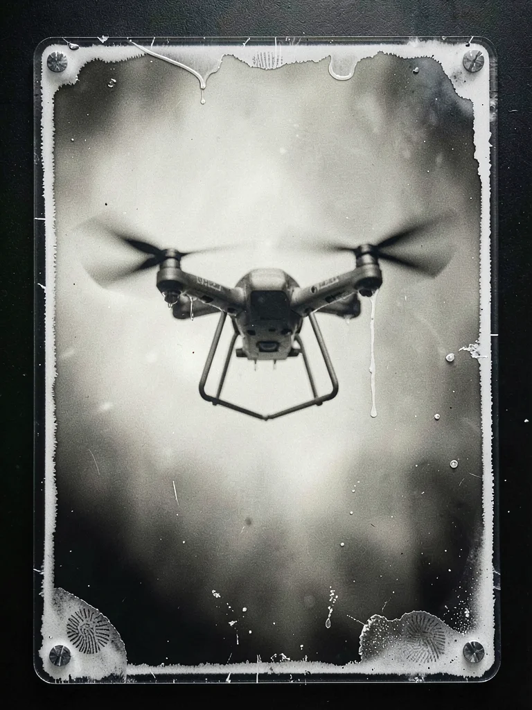 Drone quadcopter hovering, rotor blur from long exposure, silver nitrate fingerp