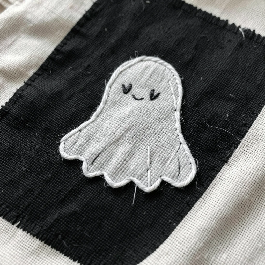 Embroidered ghost on black cotton, white satin stitch, simple and charming