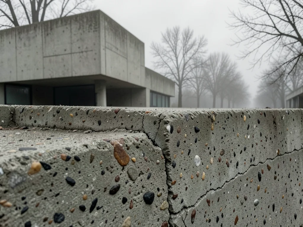 Brutalist concrete building in fog, ominous geometry, bare trees