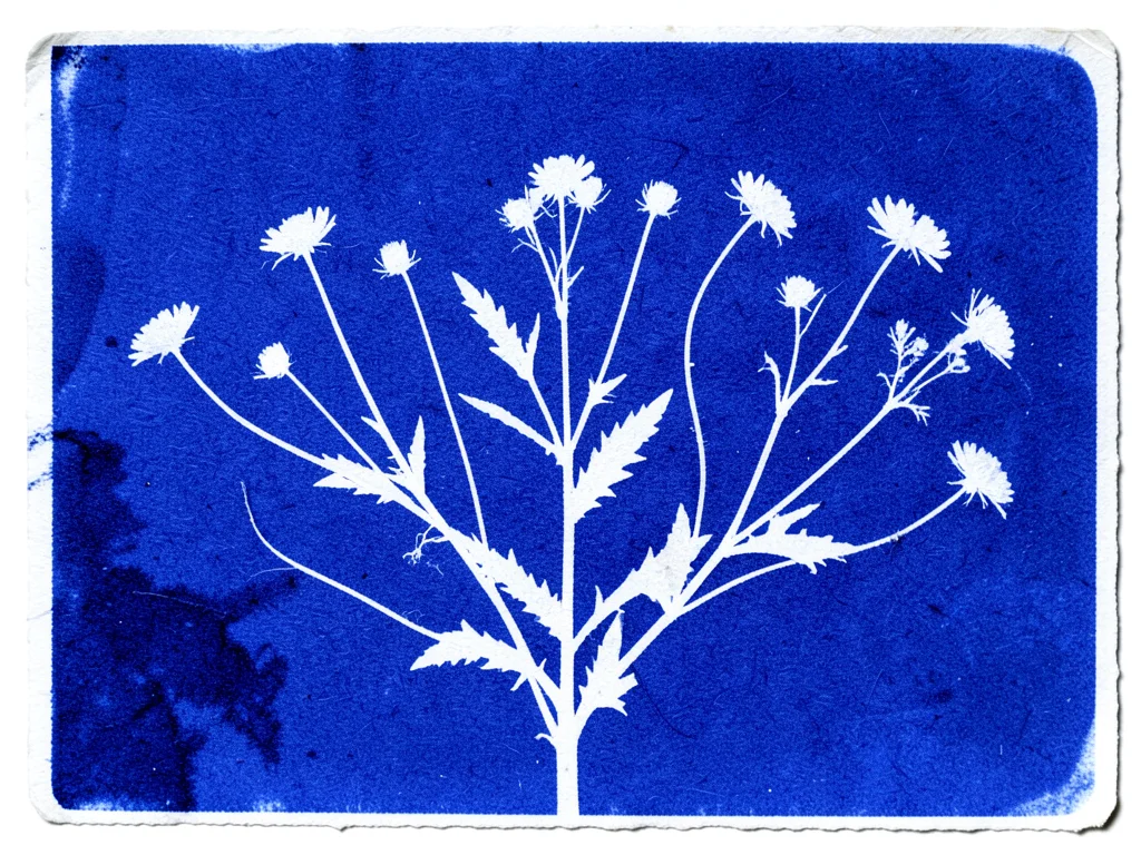 Cyanotype of scattered wildflower stems, white silhouettes on deep Prussian blue