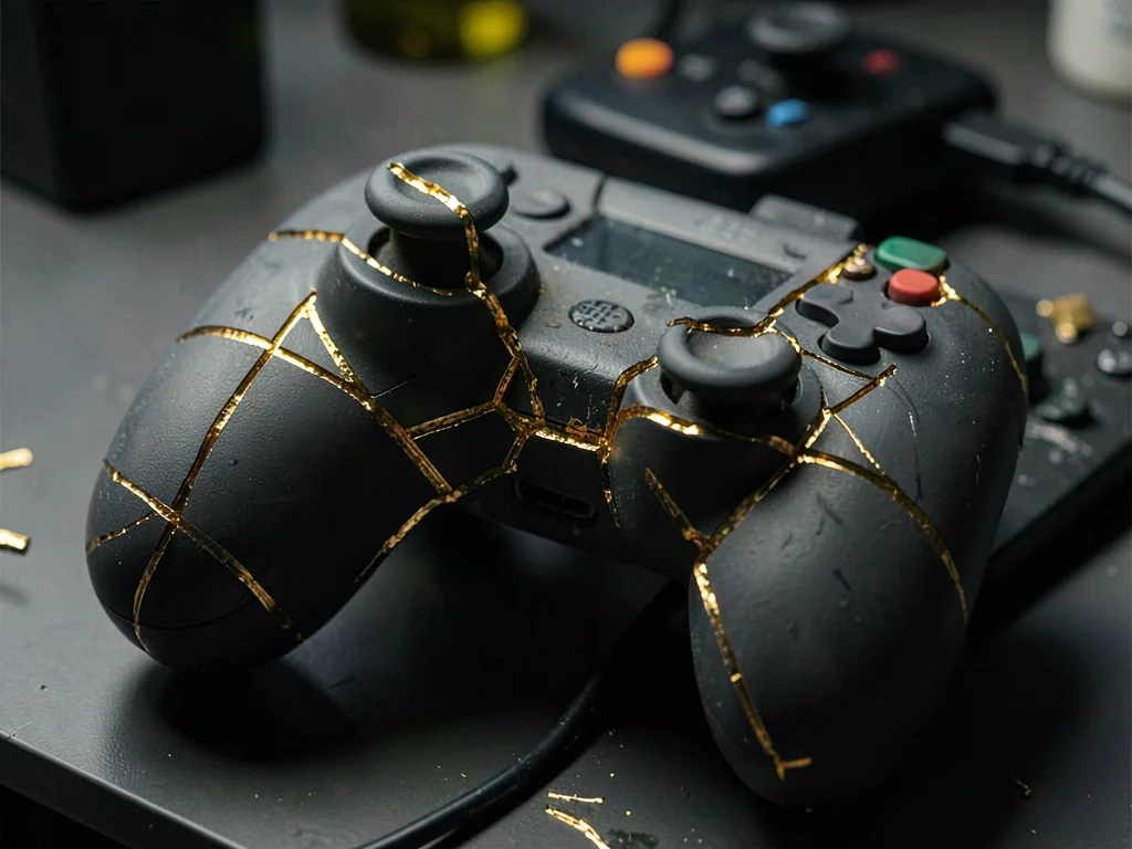 Gaming controller with cracked shell, gold repair highlighting the stress fractu