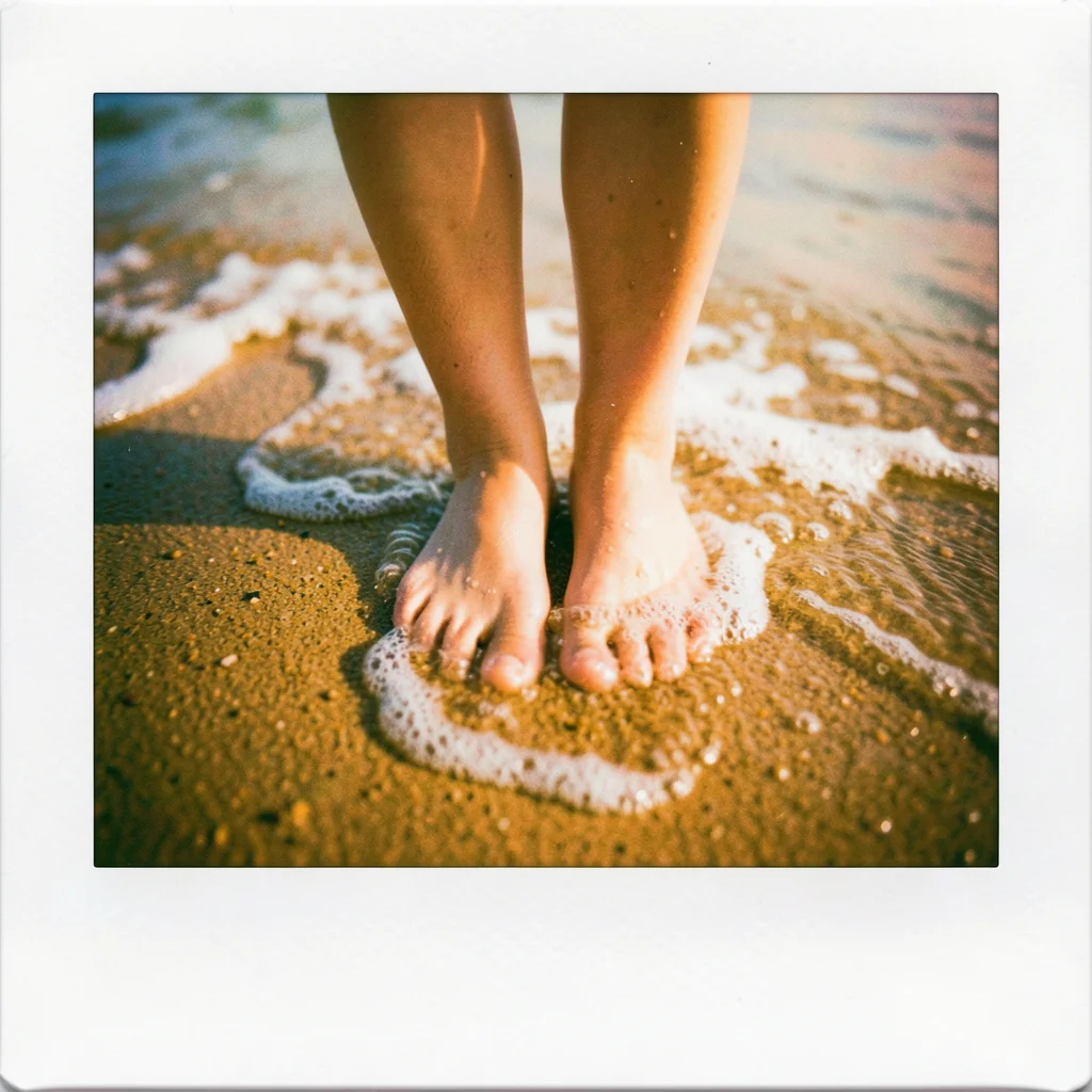 Bare feet in sand at the water's edge, gentle wave washing over toes, warm Polar