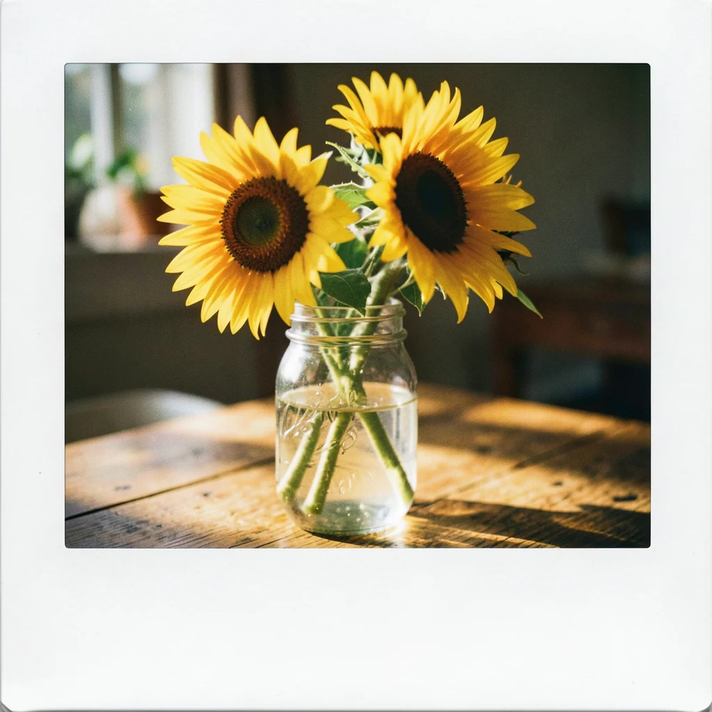 Sunflowers in a mason jar on a wooden table, afternoon light, the Polaroid chemi