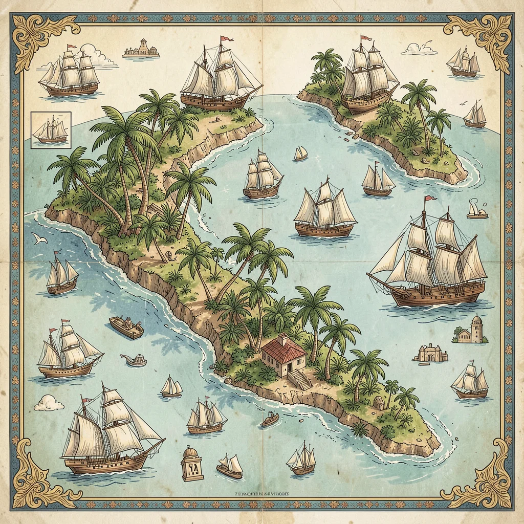 Illustrated map illustration, Caribbean islands with palm trees and sailing ship