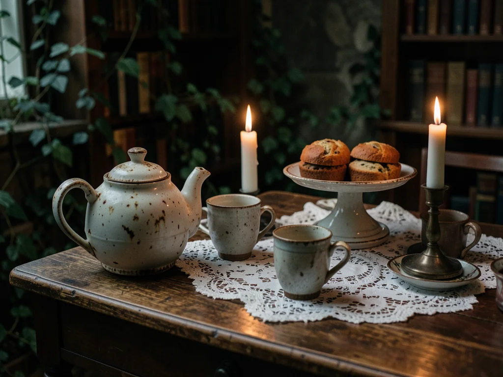 A tea setting on an ancient oak table: a chipped teapot, mismatched cups, scones
