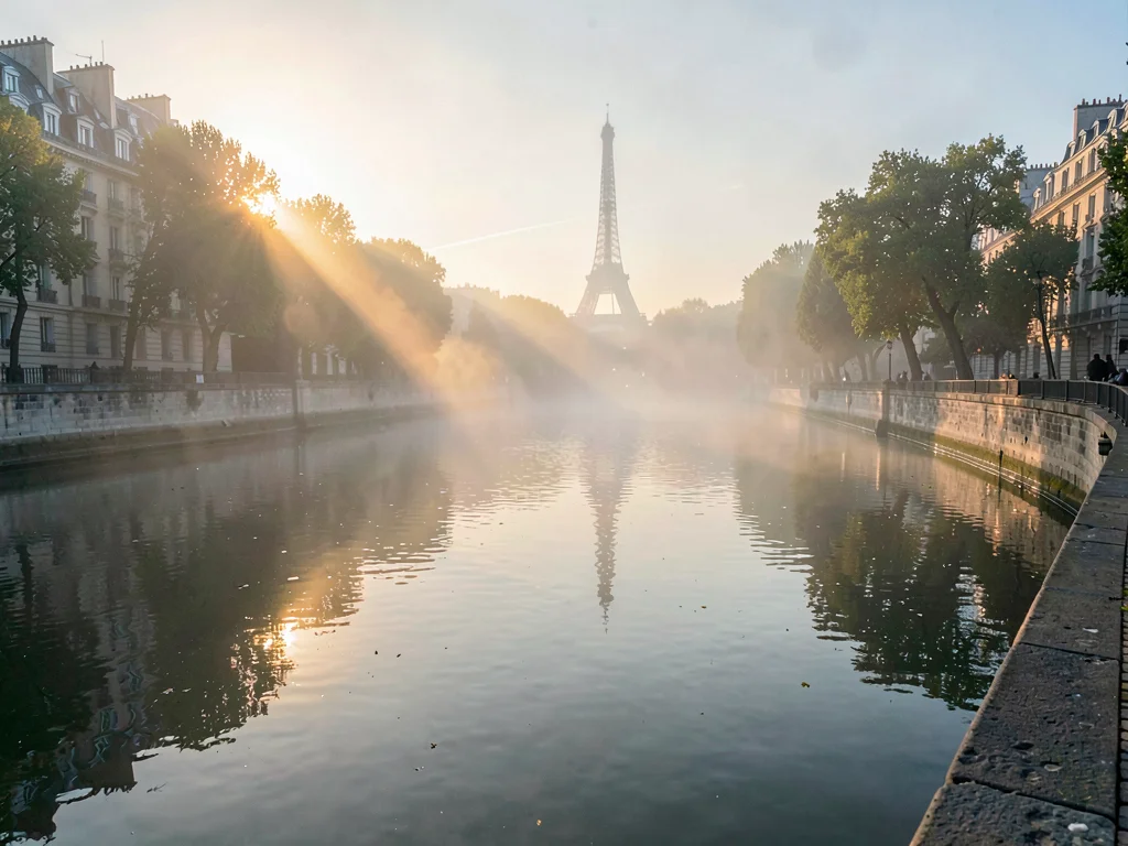 Water surface catching first light through mist