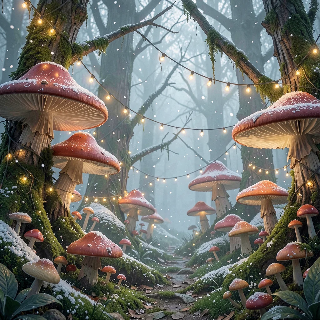 Fantasy environment illustration, a mushroom forest with spores floating like sn
