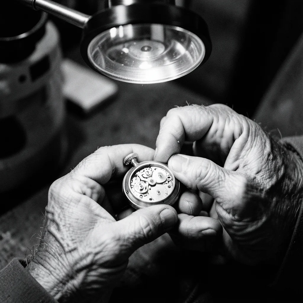 An old man's hands repairing a pocket watch, the tiny gears visible, a magnifyin