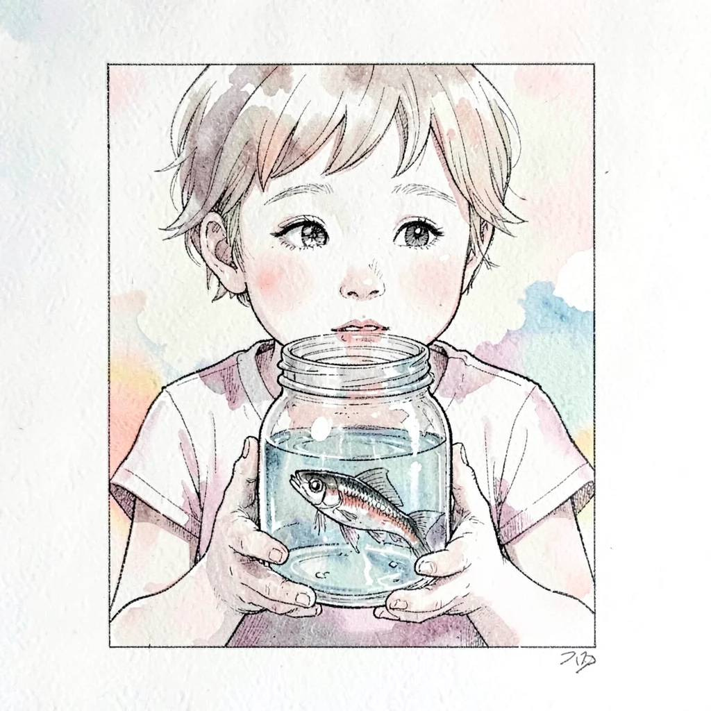 Pen-and-ink narrative panel of a child holding a glass jar with a tiny fish insi