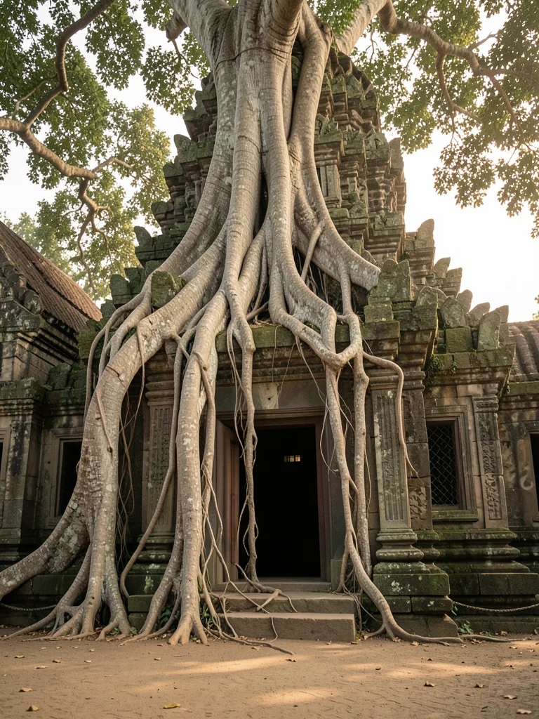 Angkor Wat temple ruins with enormous tree roots growing over stone doorway, mor