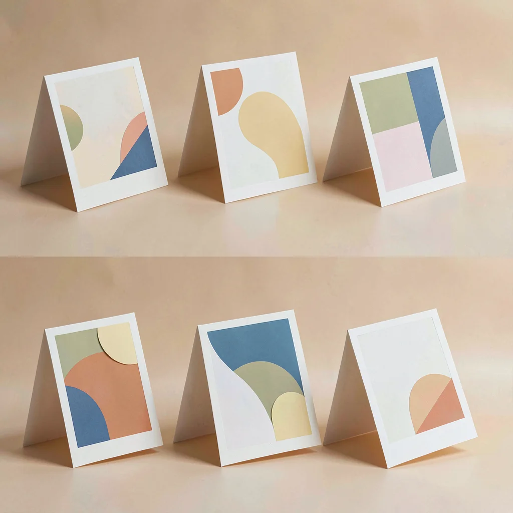 A 4x2 grid of abstract postcard mockups on a soft warm backdrop, postcards sligh