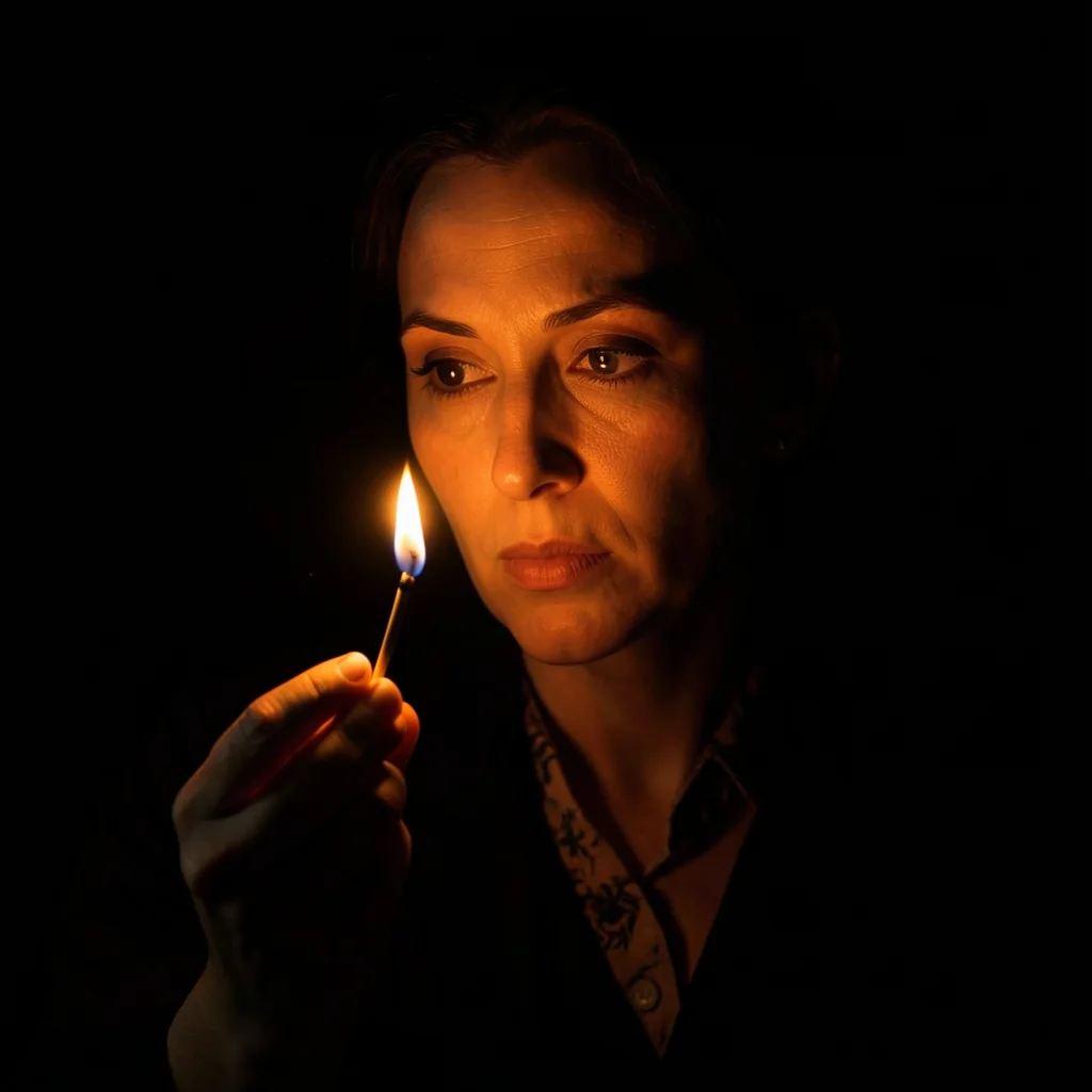 A woman lighting a match, the instant of ignition illuminating her face in warm 