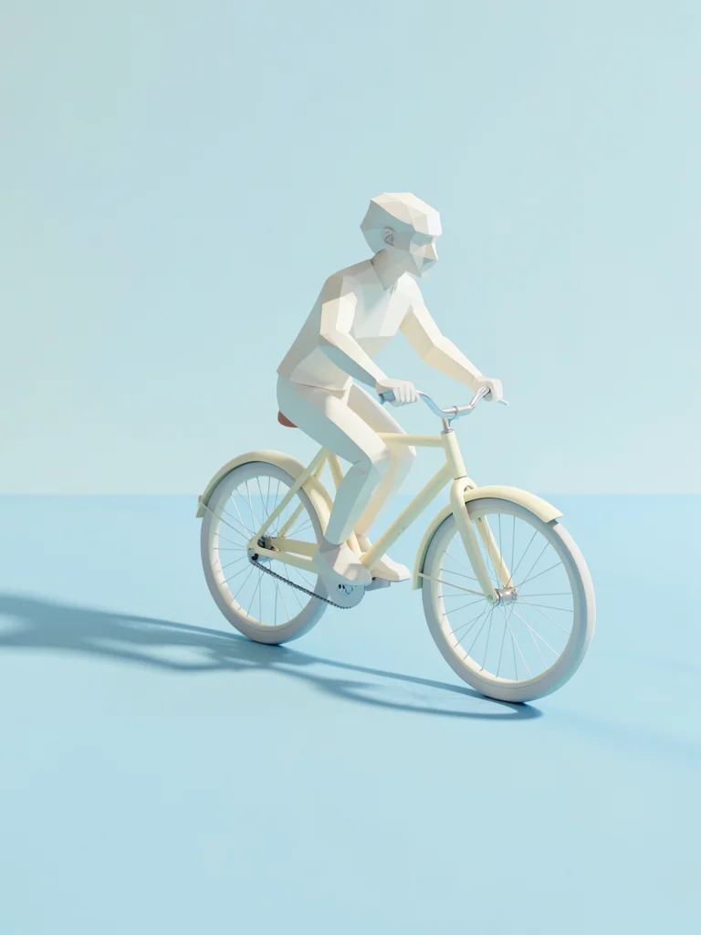 Faceted character riding a cream bicycle frozen mid-pedal on a sky-blue ground p