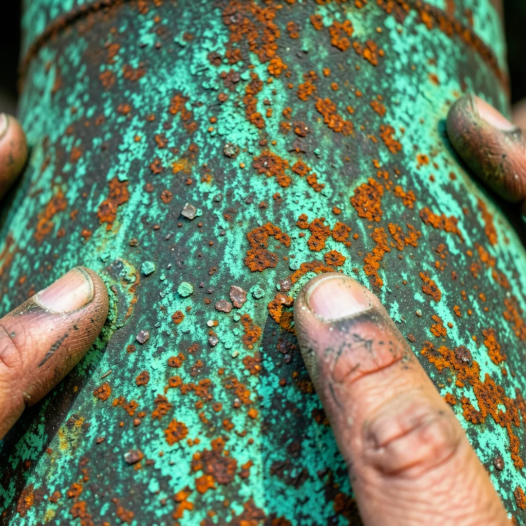 Bronze bell surface, centuries of green patina with wear marks where hands touch