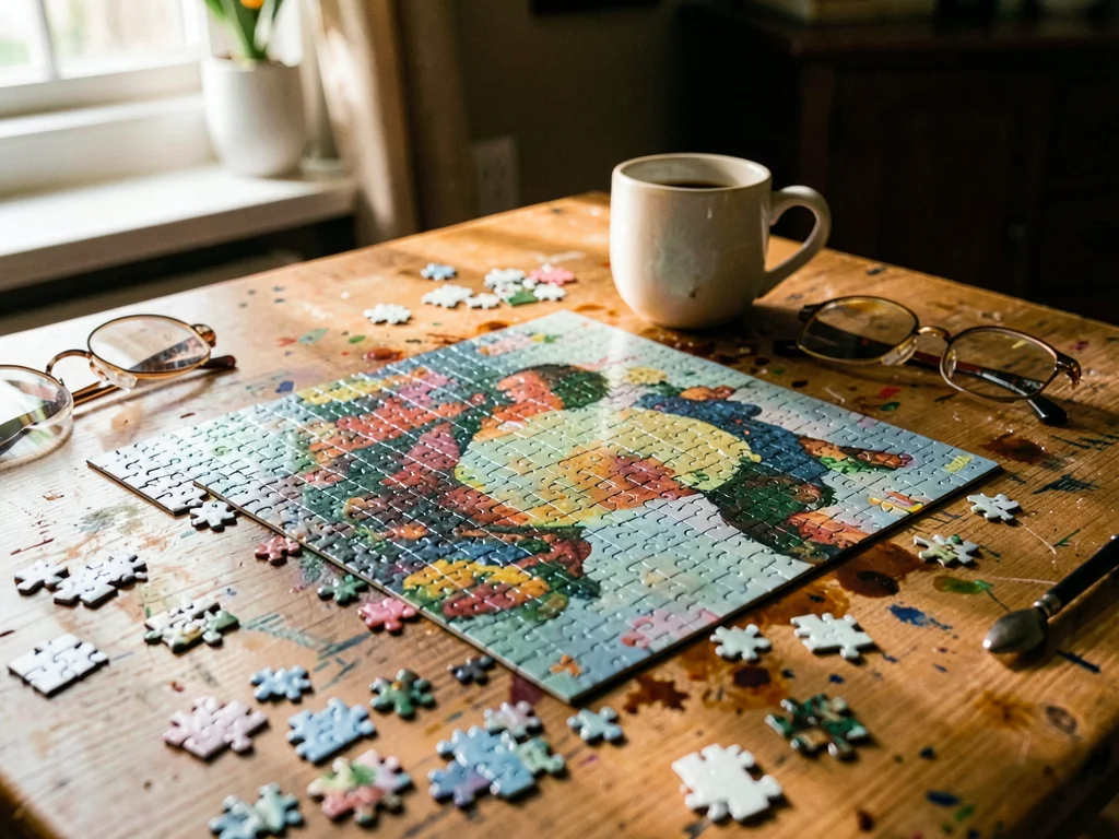 Coffee cup ring-stained table, reading glasses set aside, hours of puzzle work v