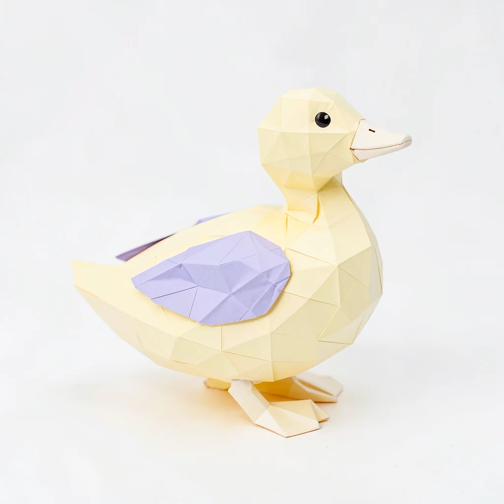 Webbed butter-yellow lowpoly duck with a tiny cream beak and lavender wing fold,