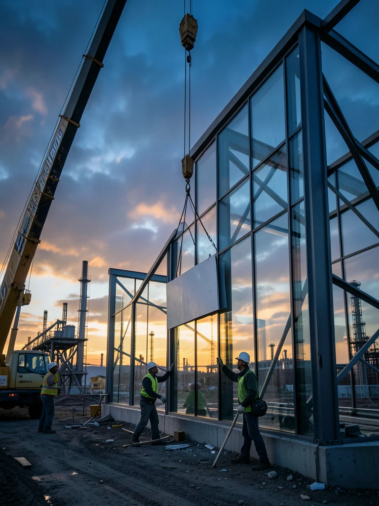 A glass curtain wall being installed: a crane lifting a panel, workers guiding i