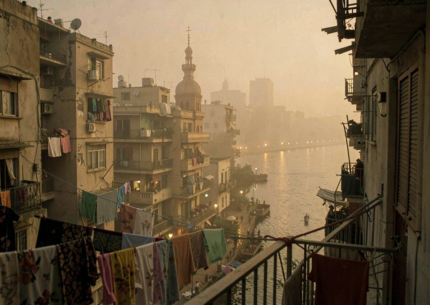 Dusty golden Cairo haze compressing apartment layers, evening call to prayer mom