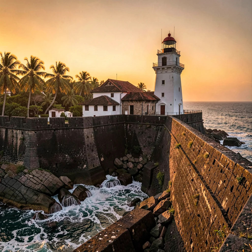 Galle fort golden hour, Dutch colonial tropical, Lighthouse at sunset, white tow
