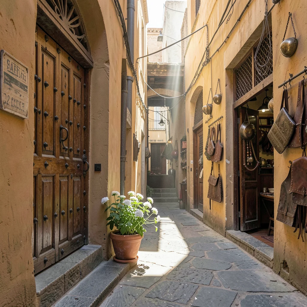 Fes medina light penetration, souk depth, wooden door with iron studs, geranium 