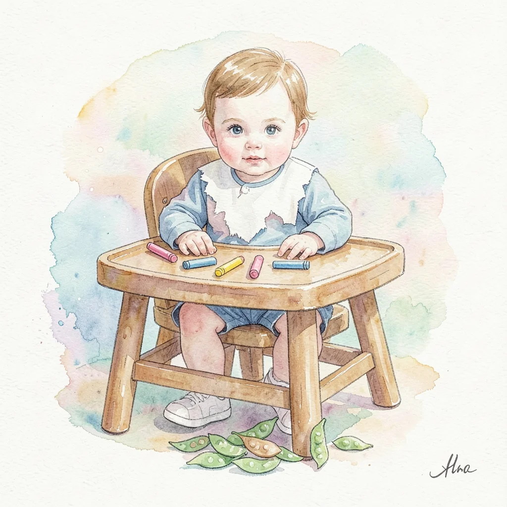 A toddler in torn-paper bib at a crayon high-chair with paper-cut peas dropped b