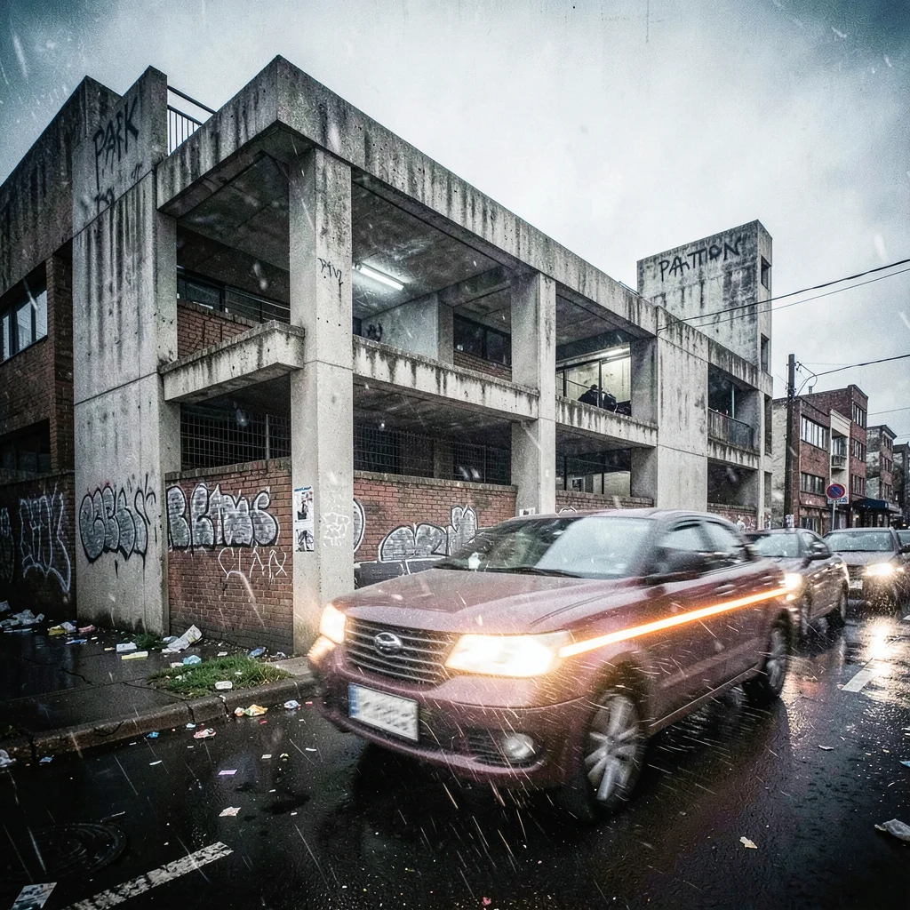 Post-industrial Johannesburg brutalism with harsh flash, Park Station brutalist 