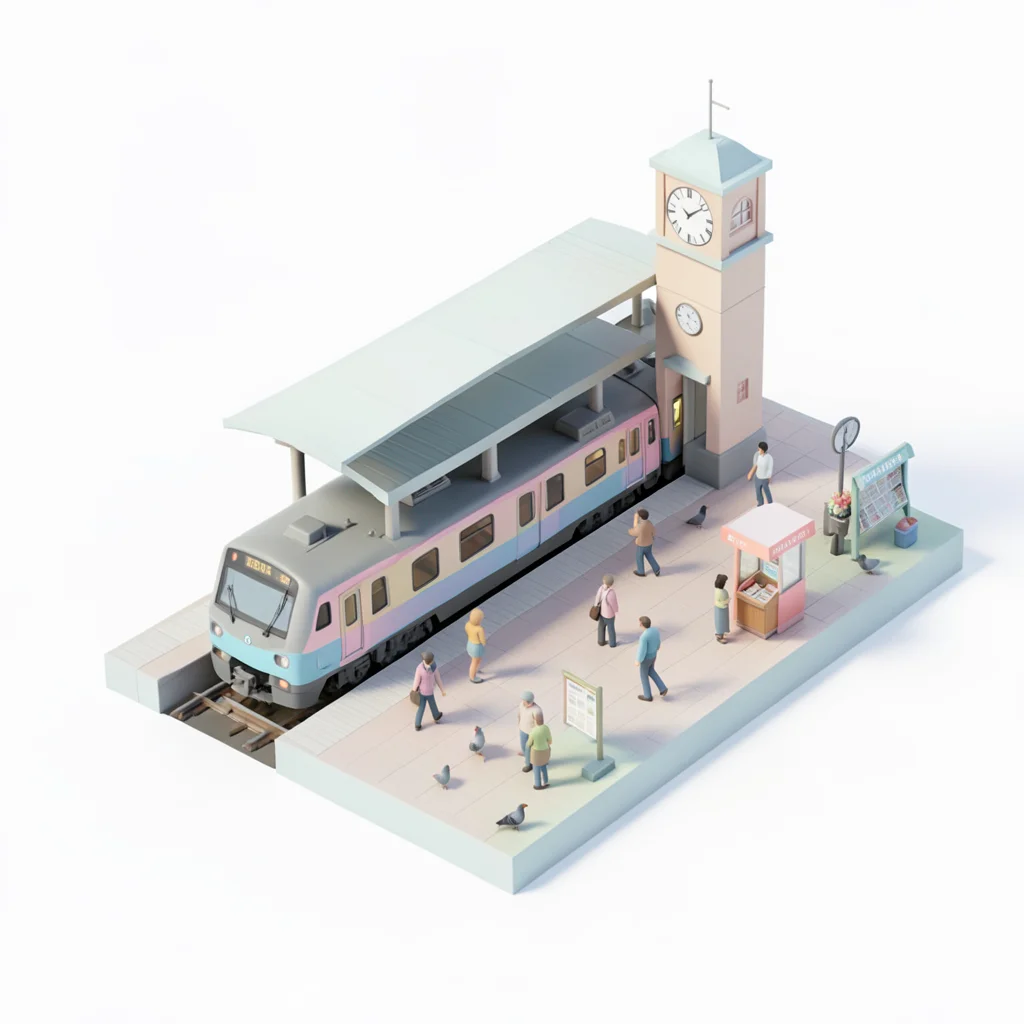 A train station platform: the train, waiting passengers, a clock tower, ticket b