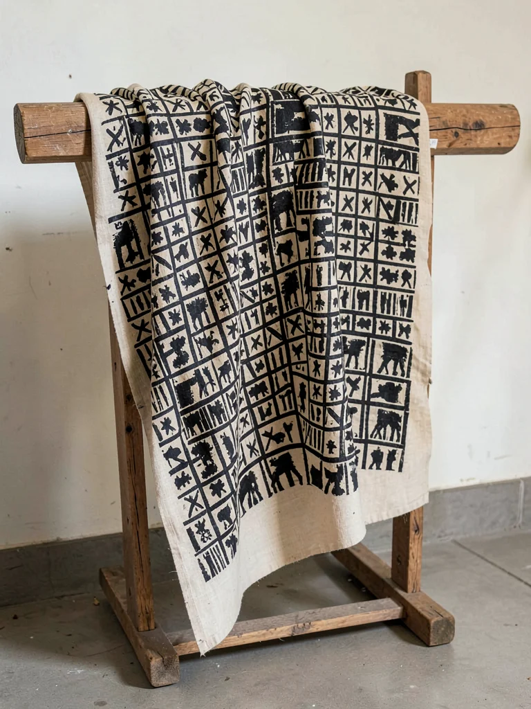 Adinkra cloth draped over wooden form — three-dimensional drape showing symbol p