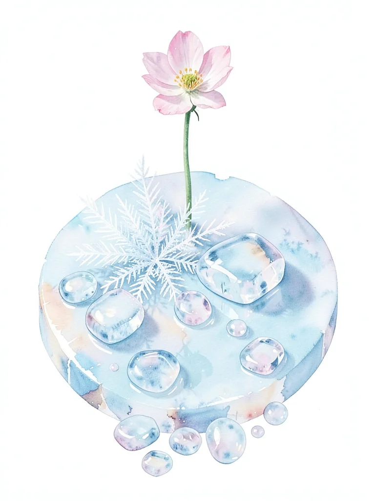 Pebble-ice and frost-flower coexistence on pale ice plate, rounded chips below a
