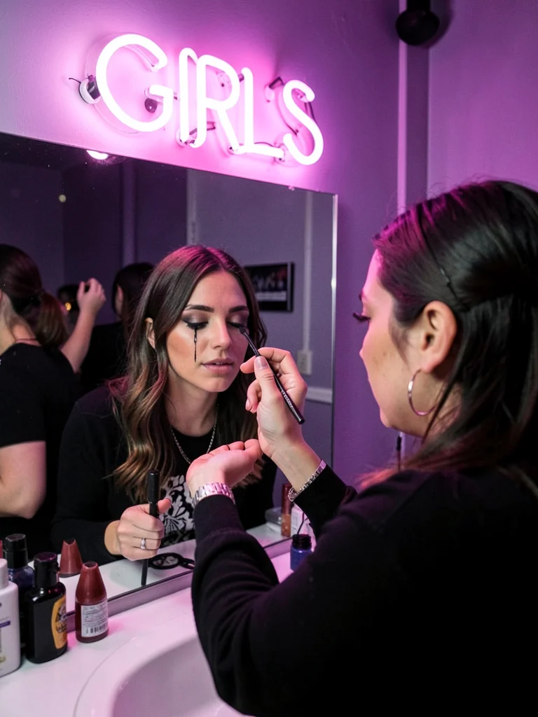 Someone fixing their makeup in a nightclub bathroom, pink neon spelling GIRLS ab
