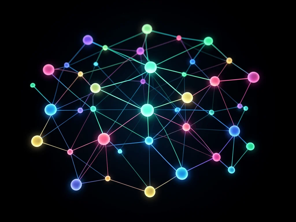 A network graph of interconnected nodes, each node a different size, edges showi