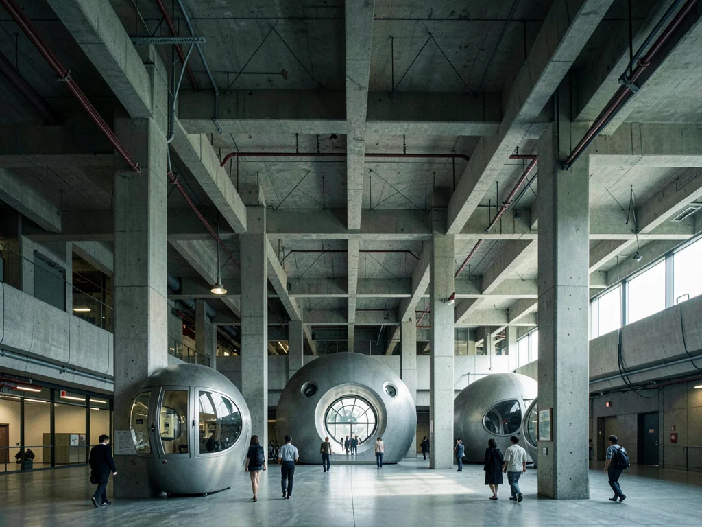 Main entrance lobby under a massive concrete pilotis grid, pedestrians small ben