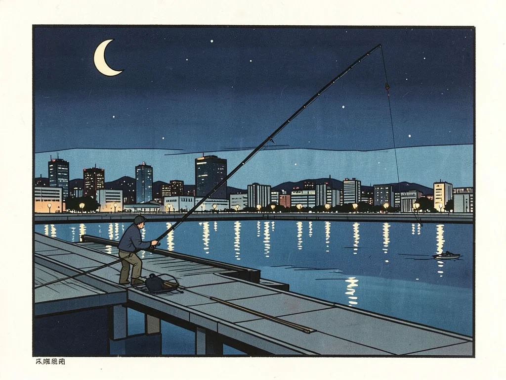A night fishing scene: a figure on a modern pier, city lights reflected in the w