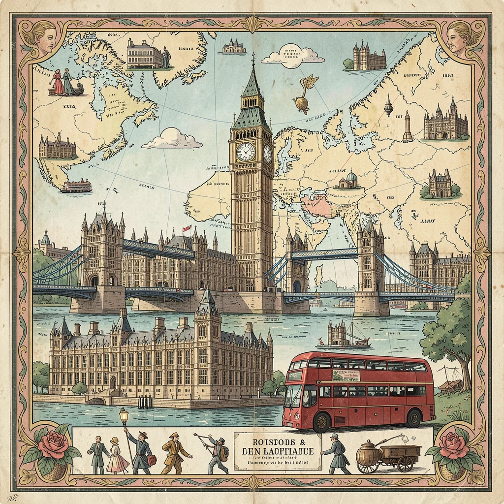Illustrated map illustration, London with Big Ben, Tower Bridge, and double deck