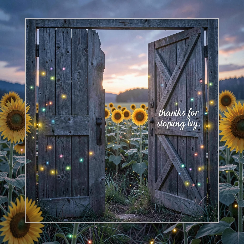 Scene-overlay frame "ending" — a barn door cracked open onto a field of sunflowe