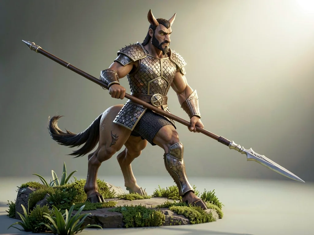 Mid-stride centaur warrior in lamellar chest-plate over earthen flank, longspear