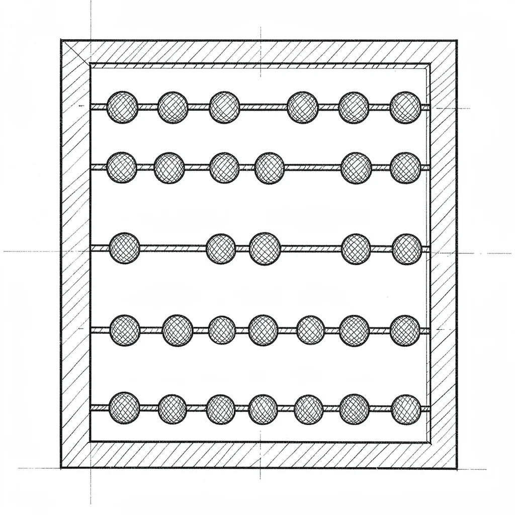 Blueprint of an abacus dissection with hatched beads and a ruled frame