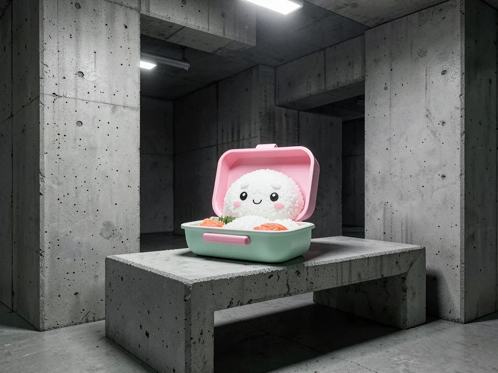Cute bento box open on concrete bench, rice face design, brutalist architecture 