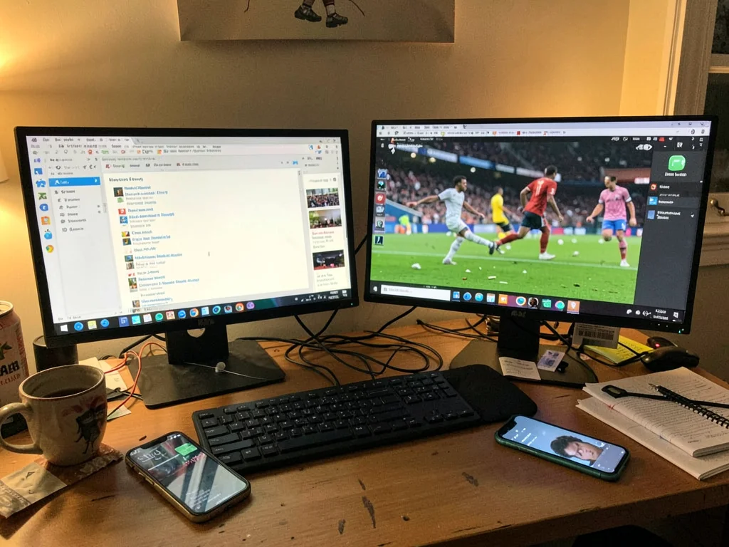 Dual monitors with work on one, sports game on muted other