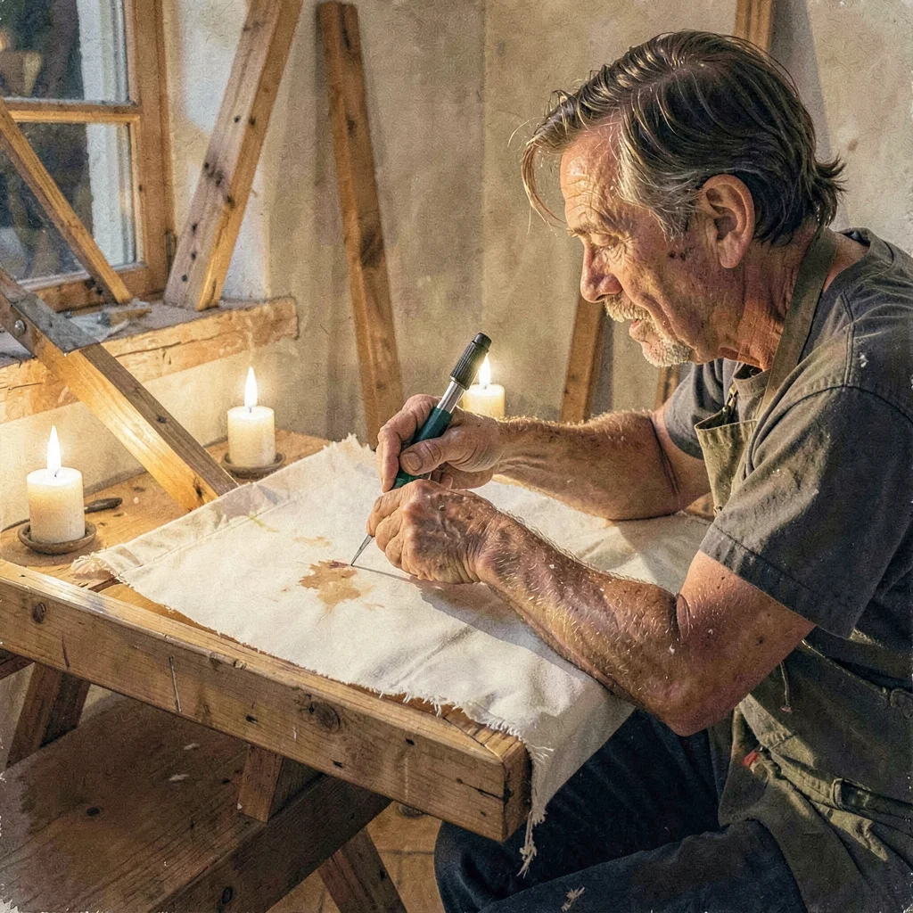 Warm gouache study of a craftsman stapling canvas to a stretcher bar, candlelit 
