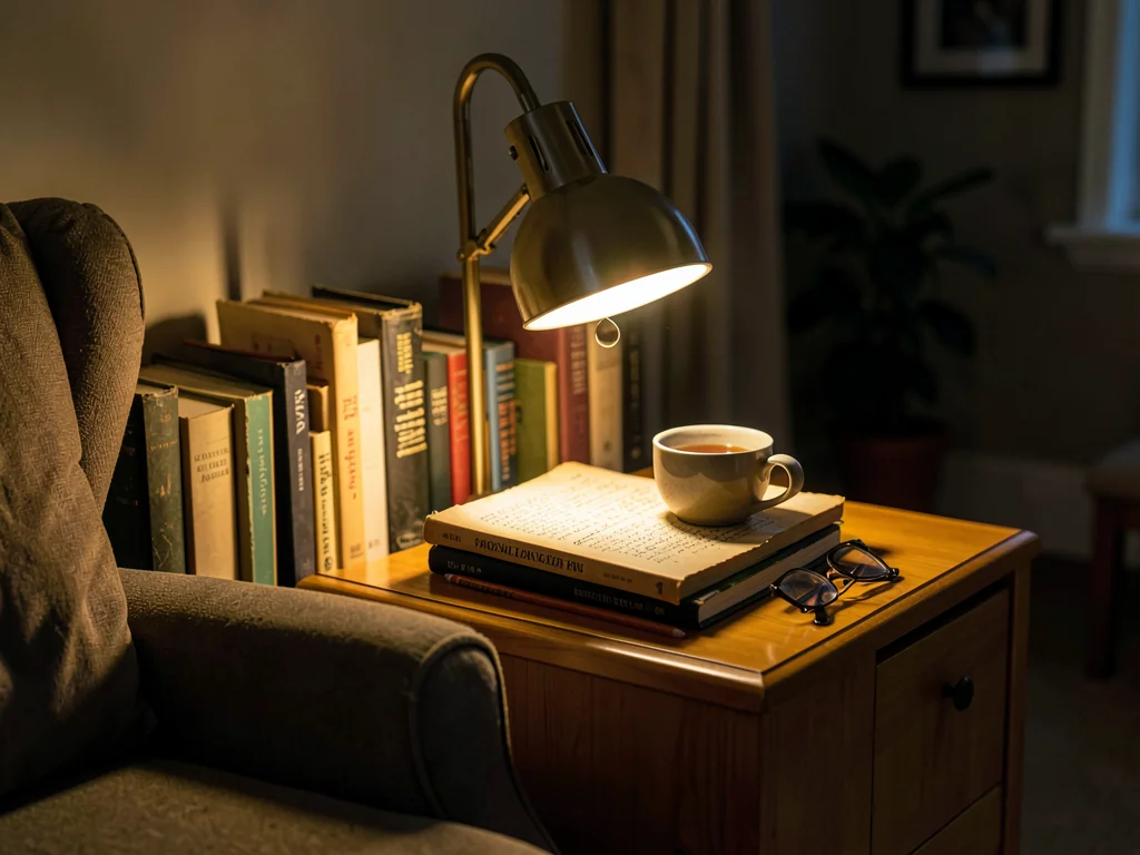 Reading corner wide shot with lamp light island