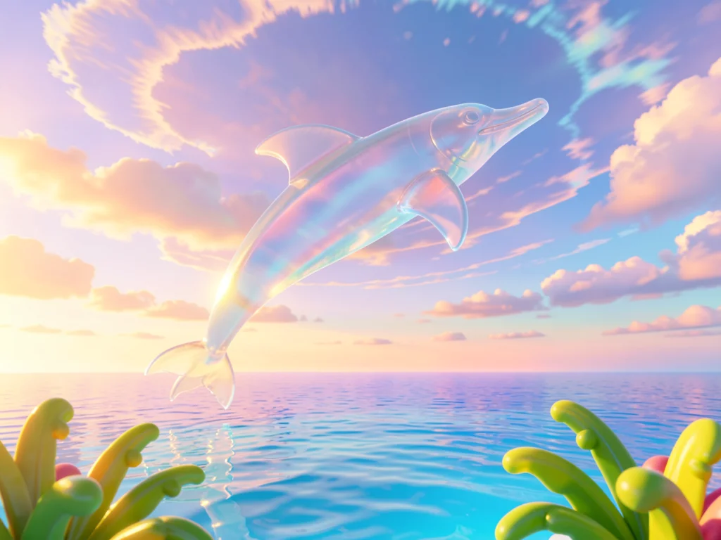 Translucent dolphin sculpture leaping high above a gradient ocean-to-sky horizon